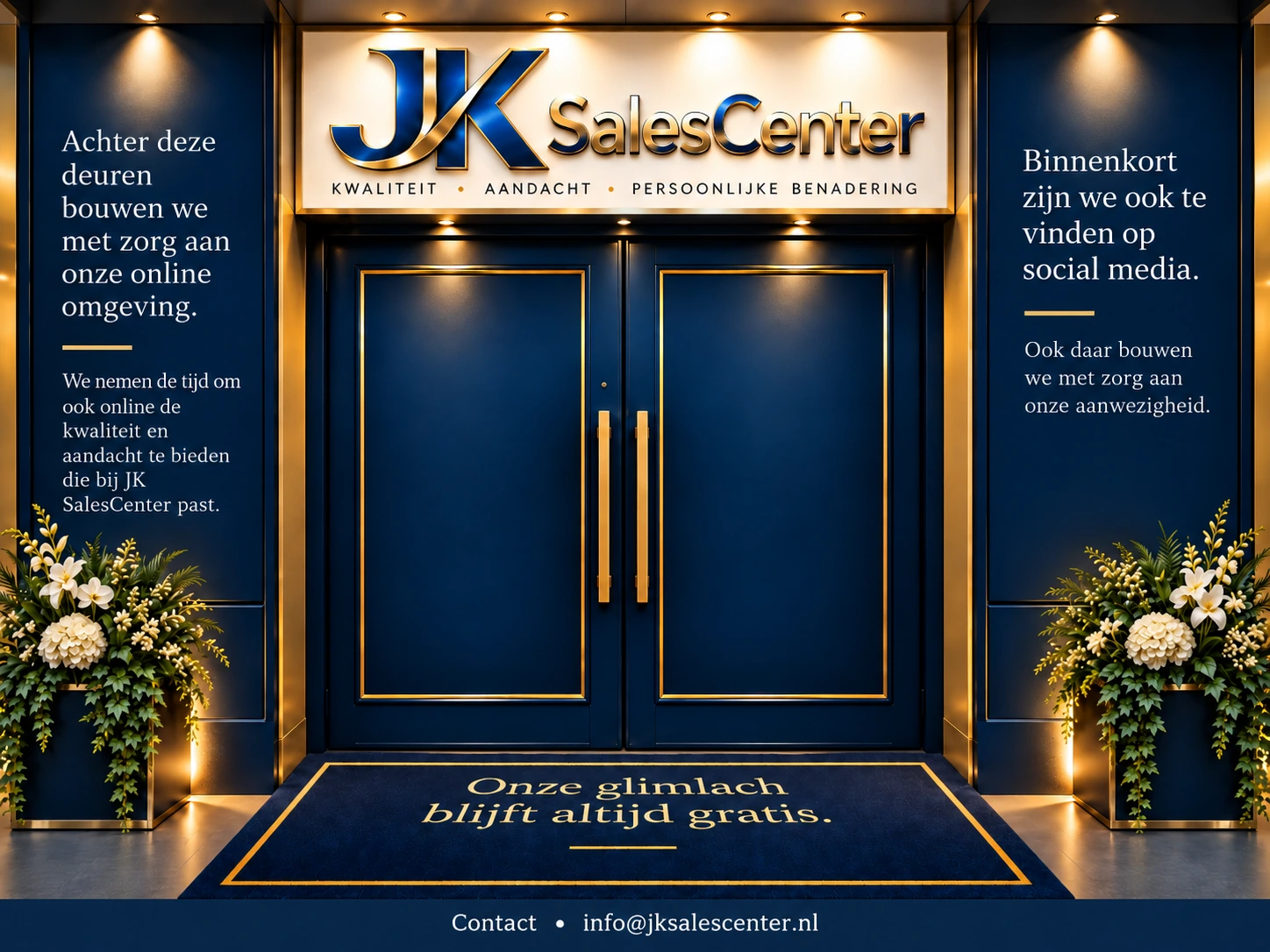 Entree van JK SalesCenter met gesloten deuren en de boodschap dat de online omgeving in aanbouw is.